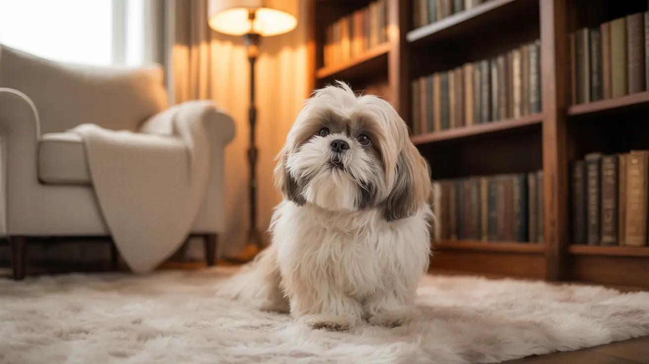 A fluffy Shih Tzu dog sitting attentively on a soft white rug in a cozy living room with bookshelves in the background