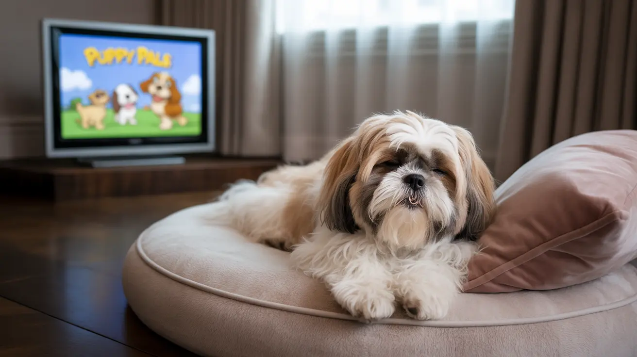 A fluffy Shih Tzu dog lounging comfortably on a soft, beige pet bed with a TV showing a cartoon dog show in the background