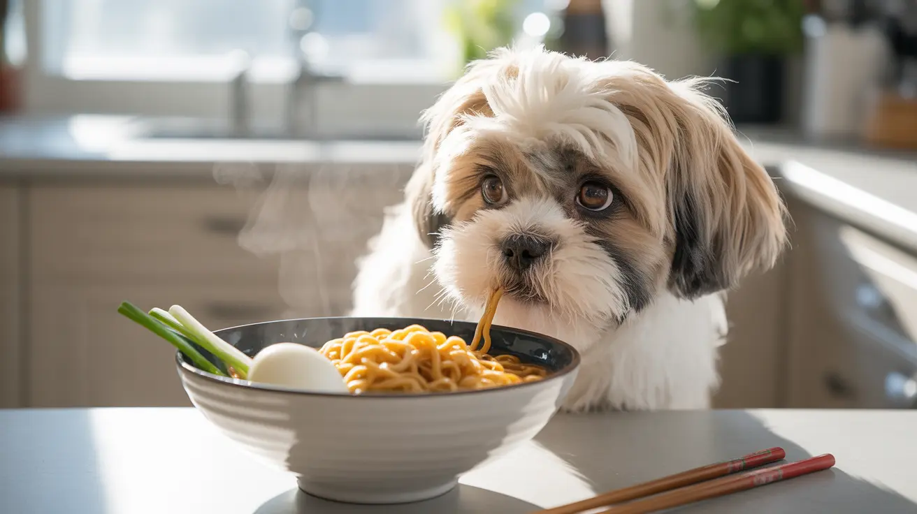 A cute Shih Tzu dog eating noodles from a bowl in a modern kitchen setting