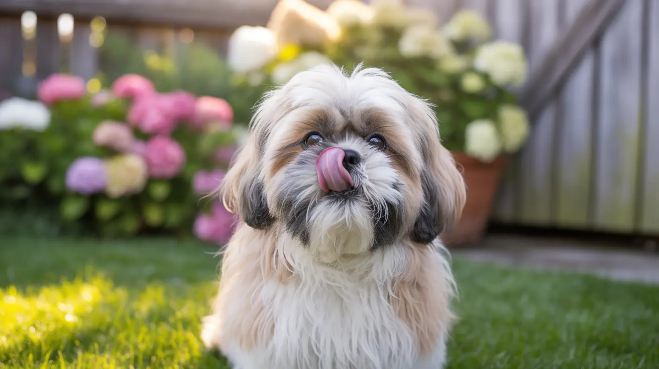A fluffy Shih Tzu dog sitting on green grass with its tongue playfully sticking out