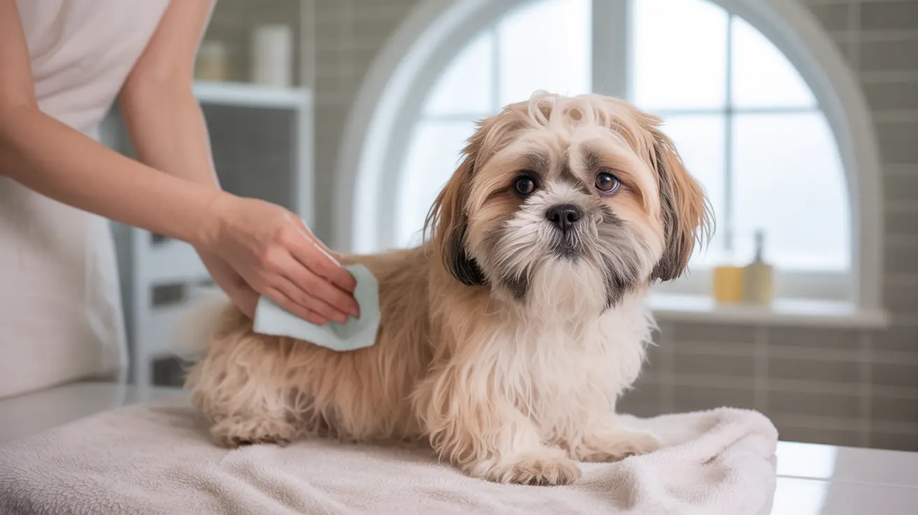 Fluffy Shih Tzu dog being groomed with a brush in a bright modern interior