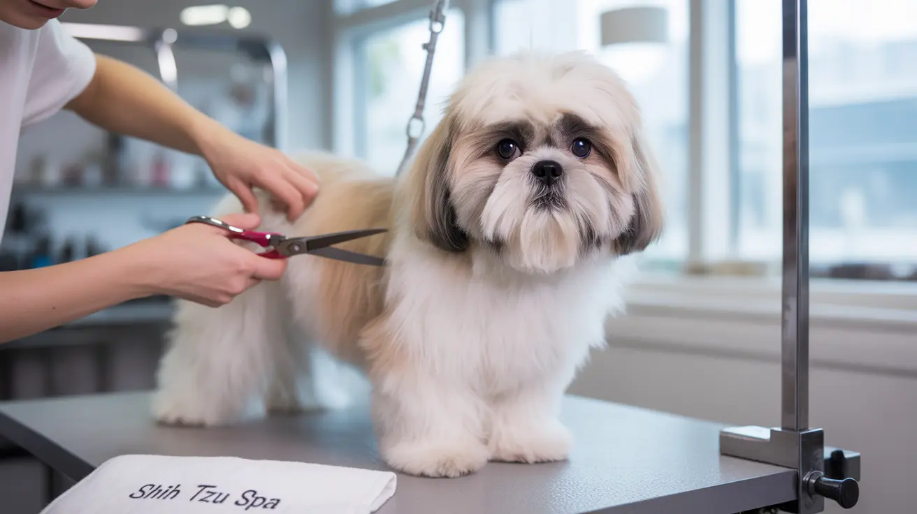 A Shih Tzu dog getting groomed at a professional pet spa