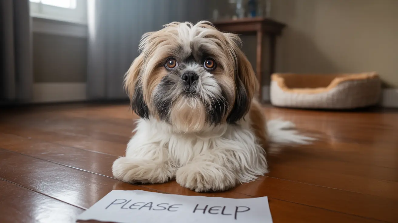 A Shih Tzu dog sitting on a wooden floor with a 'PLEASE HELP' note looking at the camera