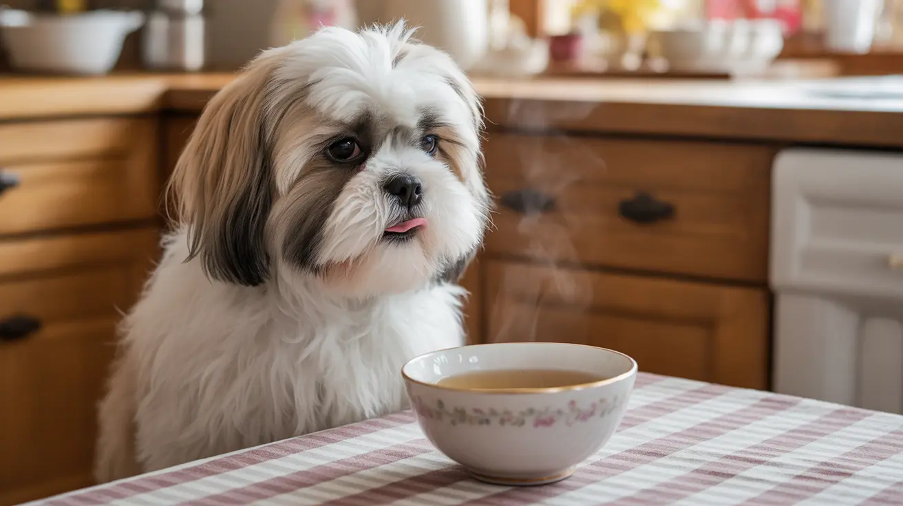Small Shih Tzu dog sitting at kitchen table with decorative tea cup in front