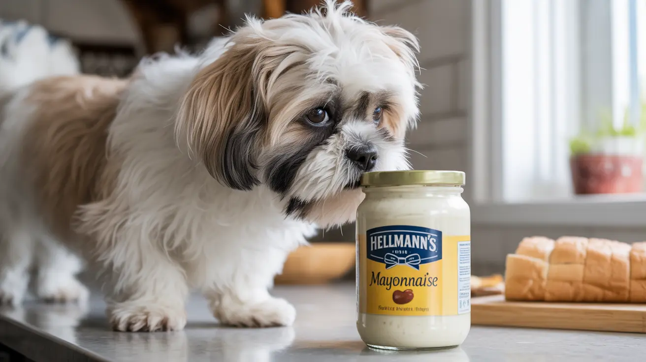 フワフワしたシー・ズー犬がキッチンのカウンターでヘルマンのマヨネーズの瓶を興味深そうに調べている様子
