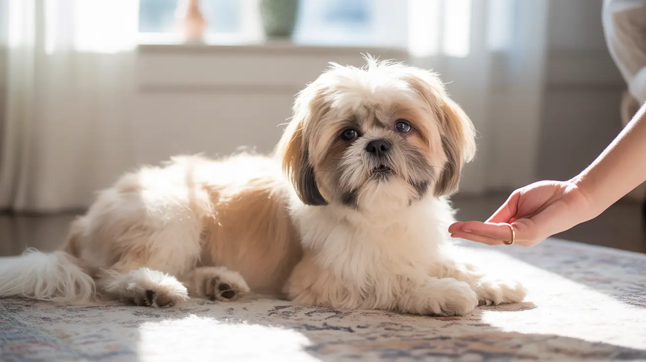 A fluffy Shih Tzu dog lying comfortably on a patterned rug near a bright window