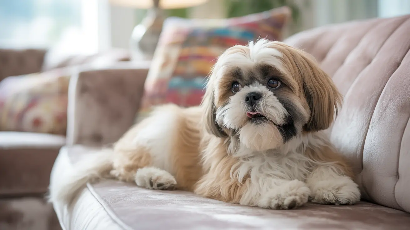 A fluffy Shih Tzu dog sitting comfortably on a soft pink couch, looking alert and relaxed