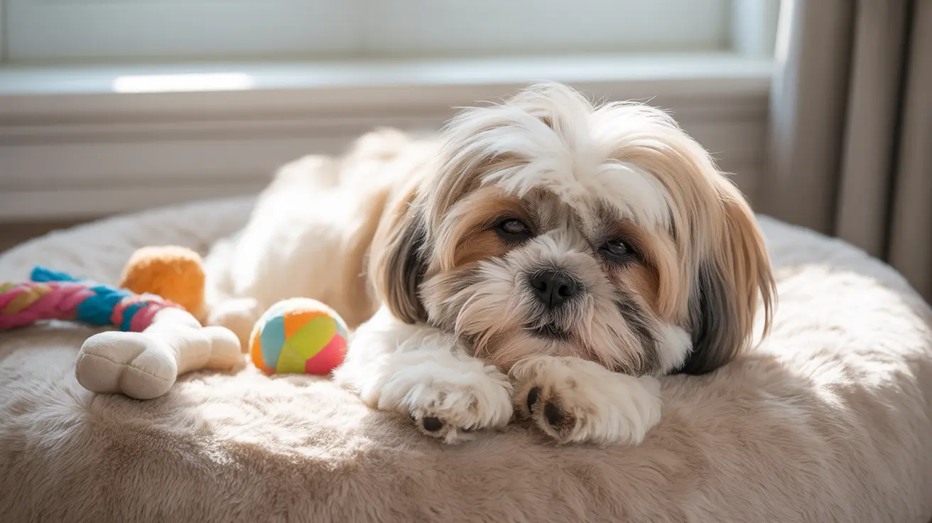 A fluffy Shih Tzu dog resting lazily on a soft beige bed near colorful toys