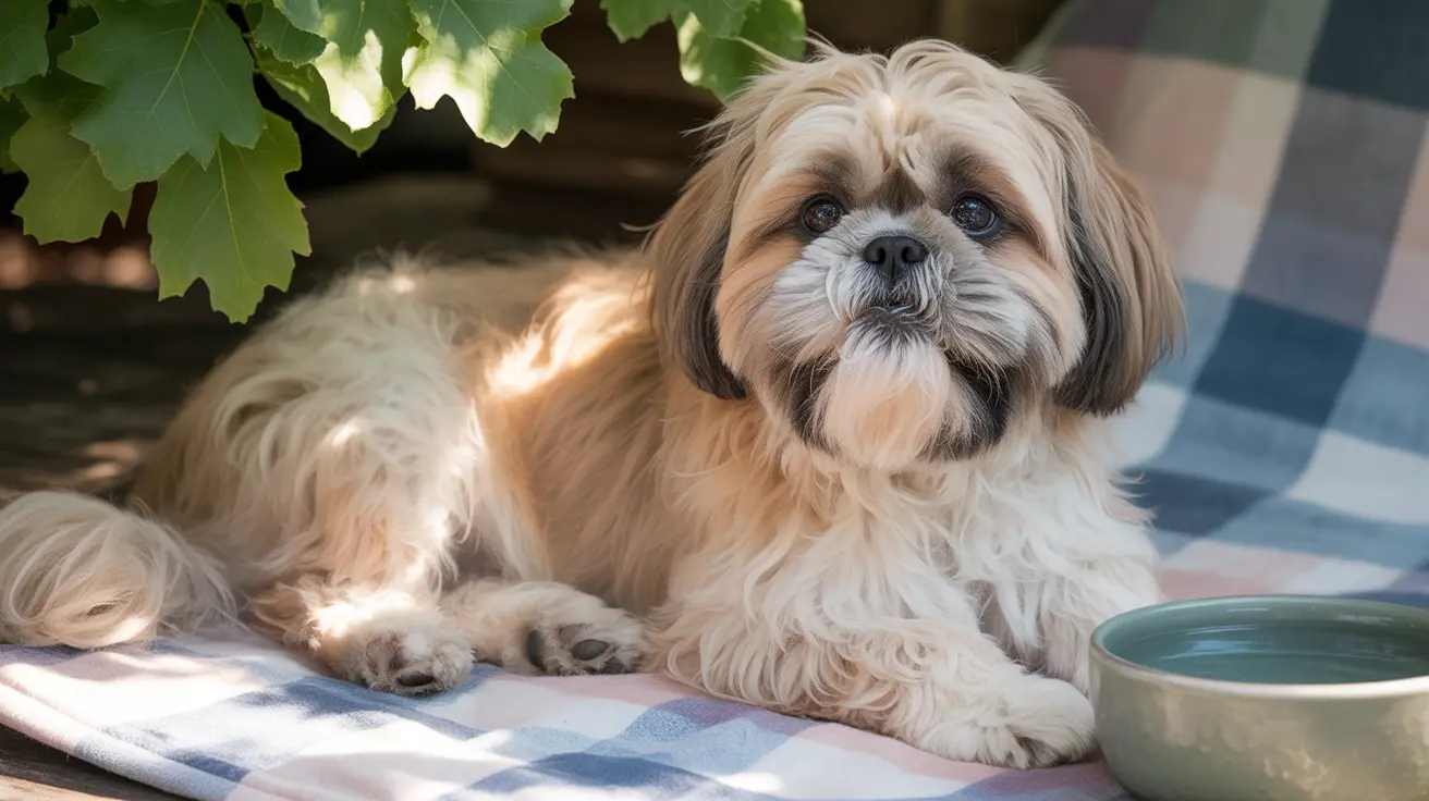 A fluffy Shih Tzu dog resting on a blue and white checkered blanket near green leaves