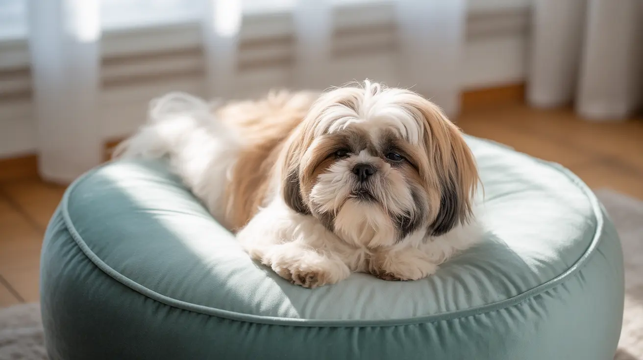 Small Shih Tzu resting on a mint green round dog bed indoors