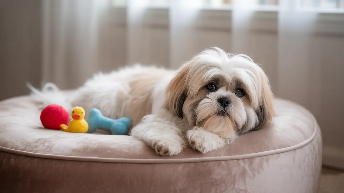 Small Shih Tzu dog resting on beige ottoman with colorful toys indoors