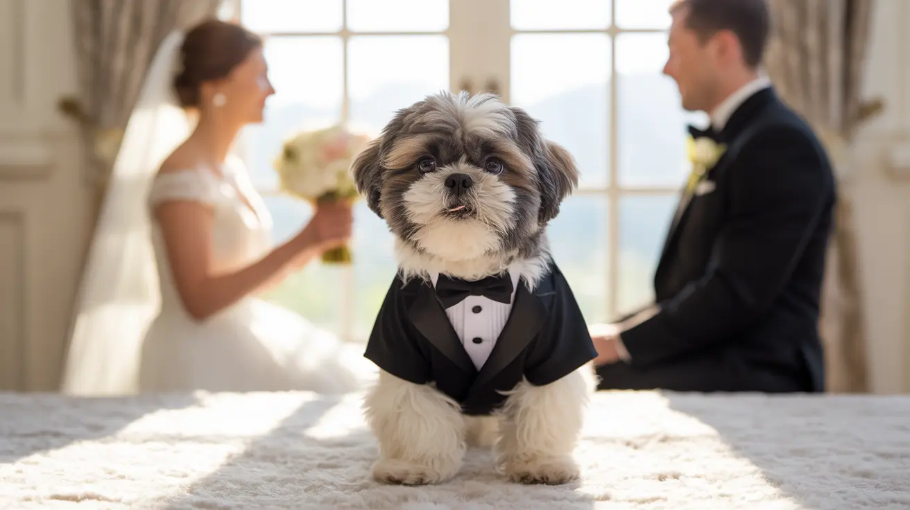A small Shih Tzu dog wearing a formal tuxedo stands prominently in the foreground of a wedding scene.