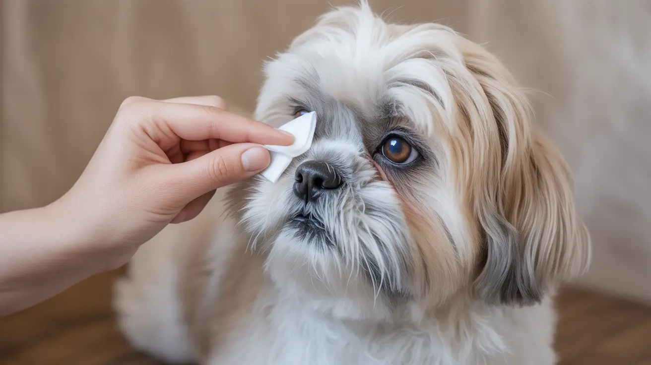A Shih Tzu dog receiving gentle eye cleaning with a white wipe by a human hand