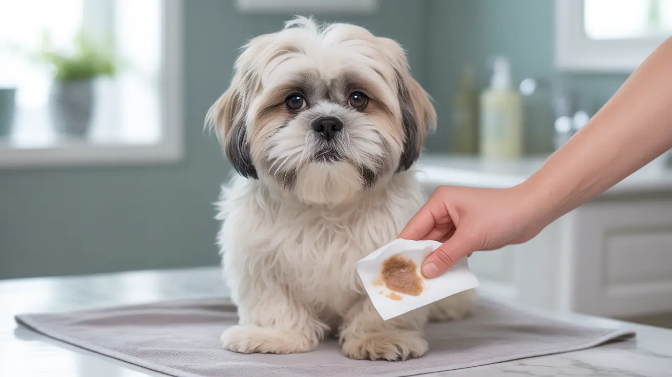 Un Shih Tzu blanco y gris está sentado sobre una toalla gris mientras una mano le limpia el ojo con un paño blanco.