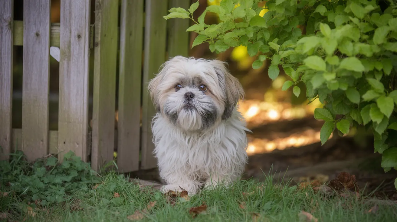 Small Shih Tzu with fluffy cream and gray coat sitting calmly on grass near wooden fence