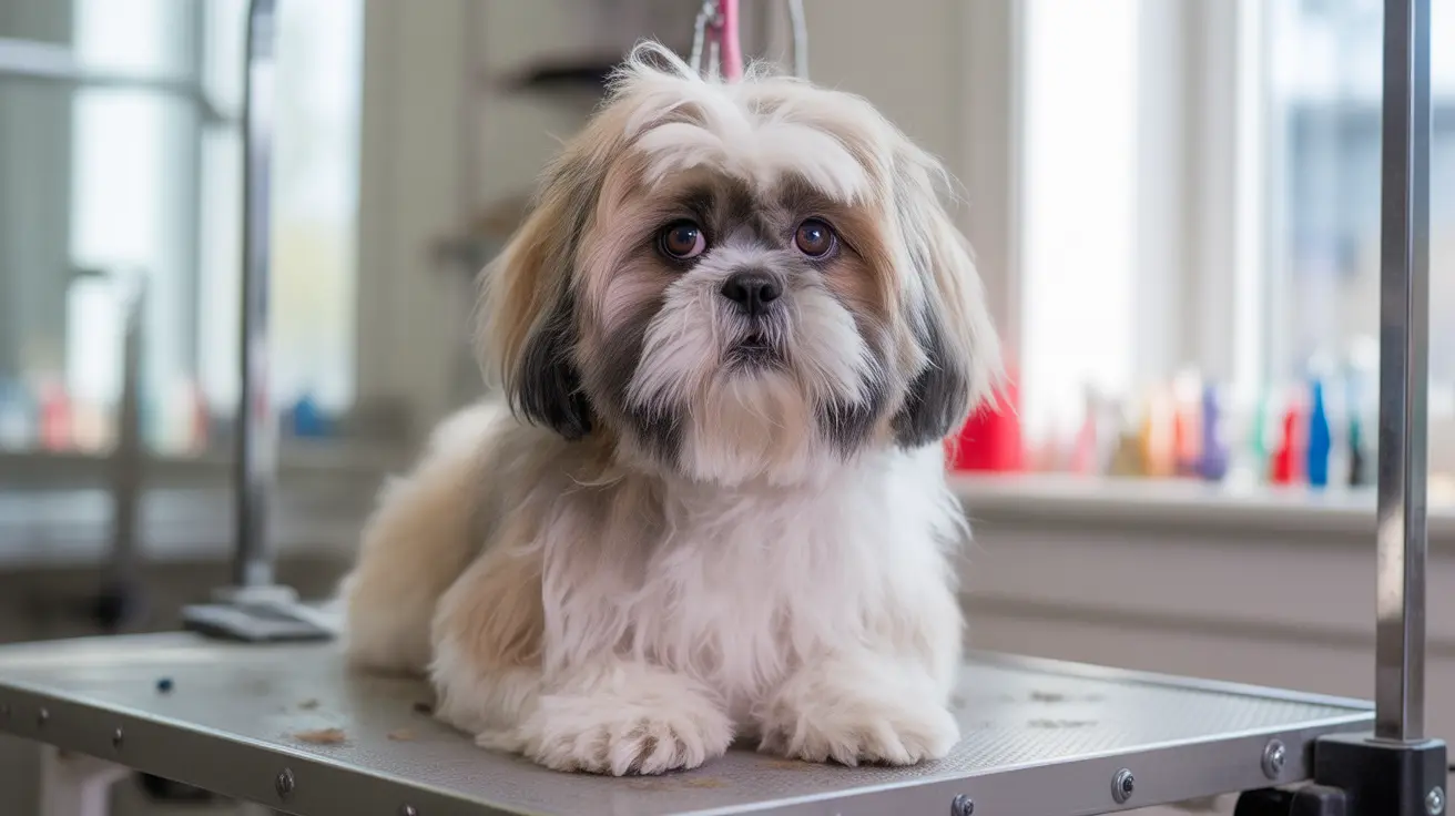 ふわふわしたシー・ズーの犬がグルーミングテーブルの上に落ち着いて座り、背景にはカラフルなボトルが並んでいる様子