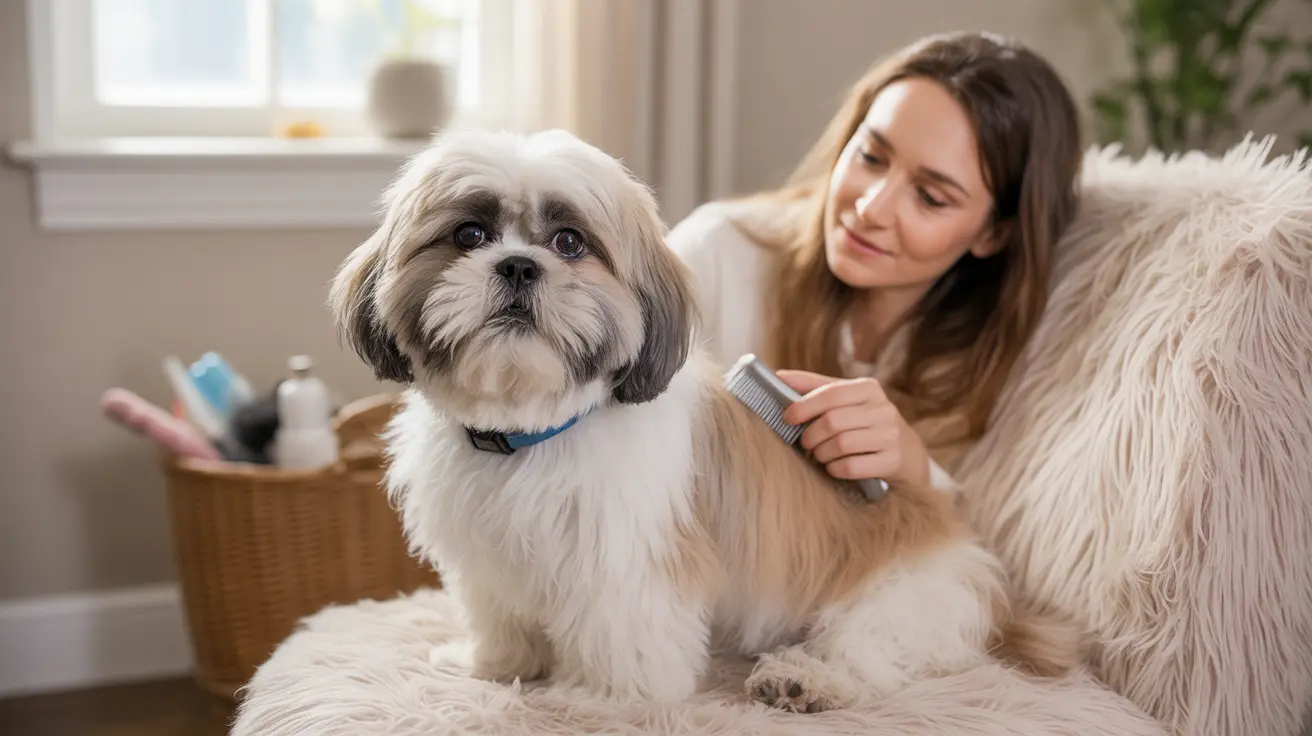 A fluffy white and gray Shih Tzu being groomed at home by a young woman.