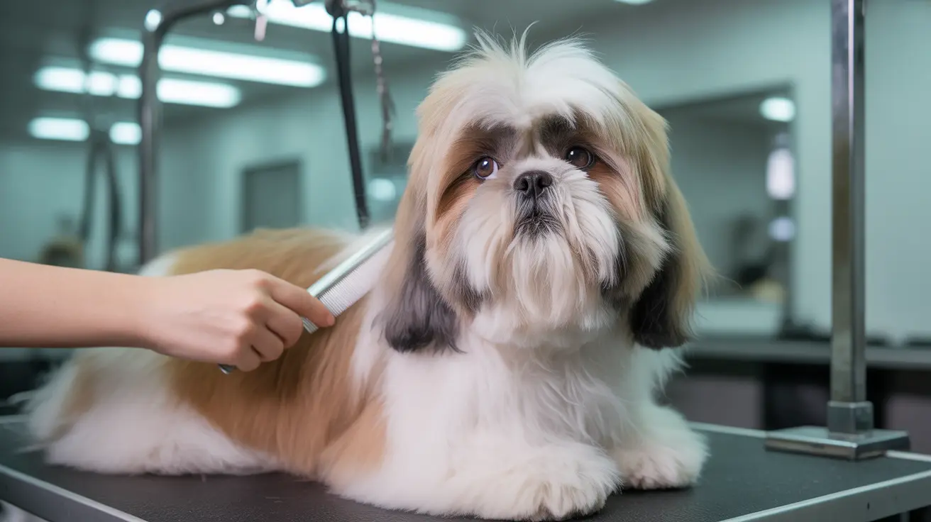 A well-groomed Shih Tzu dog sitting calmly on a grooming table during a professional grooming session.