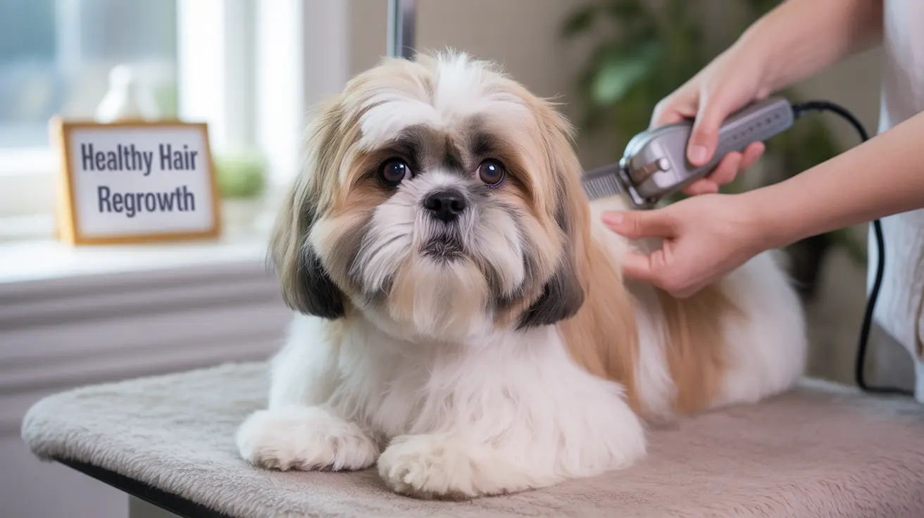 A well-groomed Shih Tzu sitting calmly during a grooming session with an electric clipper nearby