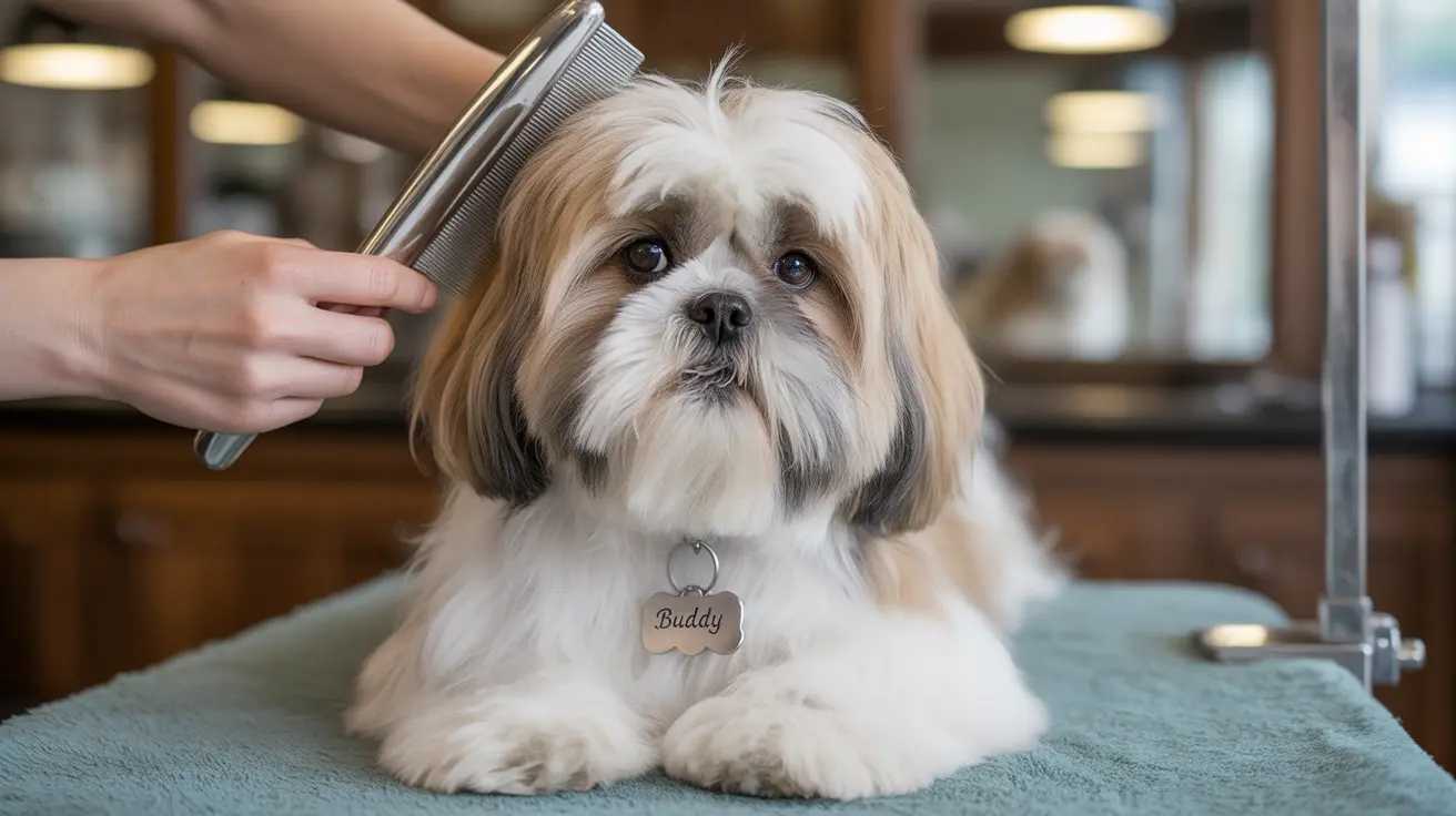 A well-groomed Shih Tzu calmly sitting during grooming with a metal comb near its head