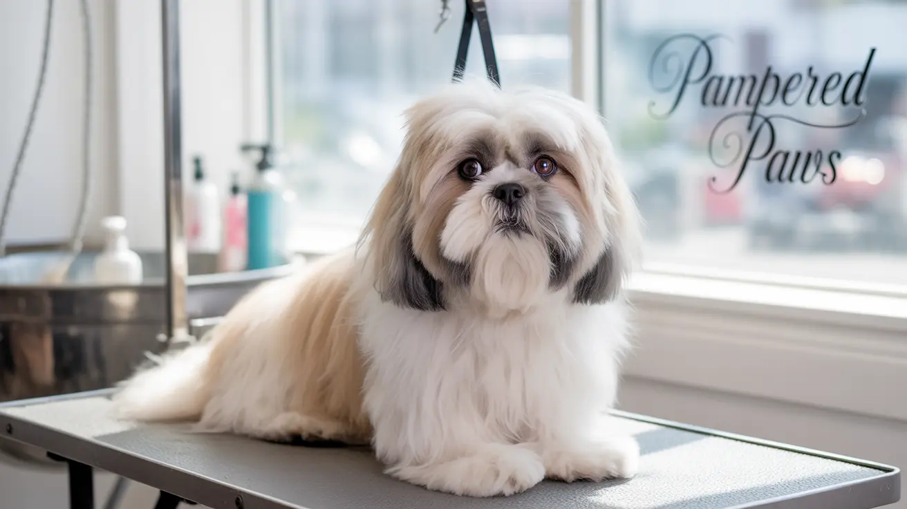 ペットサロンのトリミングテーブルの上で落ち着いて座っている手入れの行き届いたシーズー犬