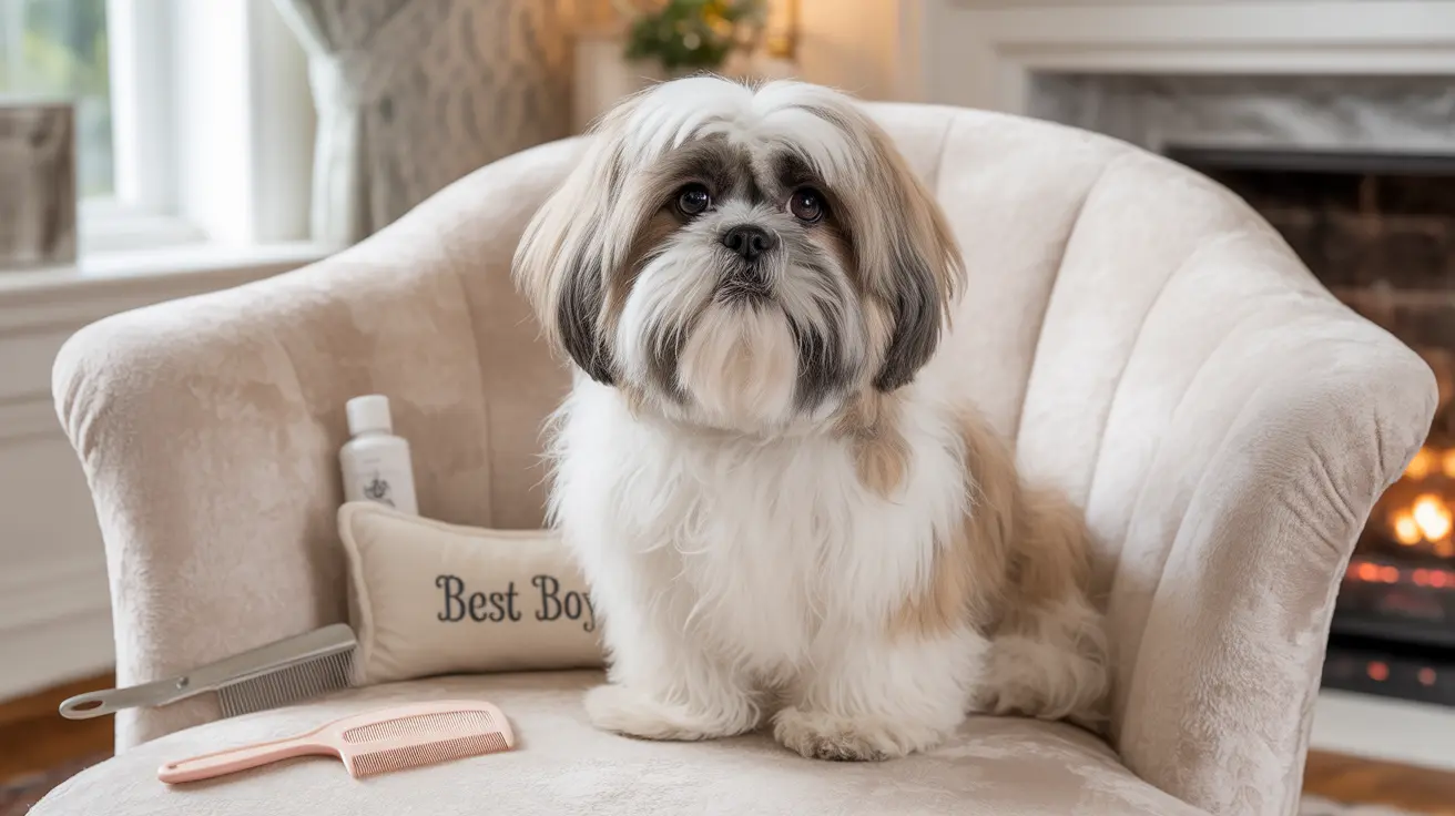 A well-groomed Shih Tzu sitting on a plush cream-colored armchair near a fireplace with grooming tools nearby
