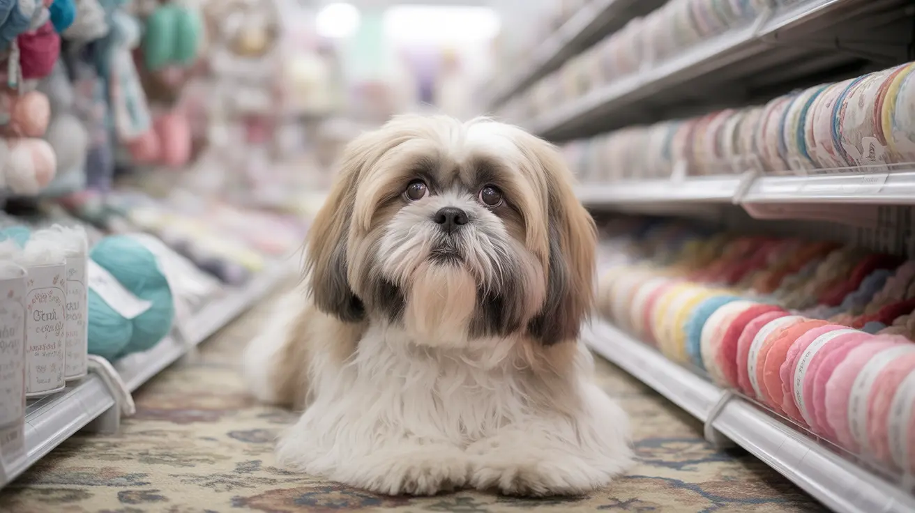 A fluffy Shih Tzu sitting calmly between shelves in a craft or yarn store