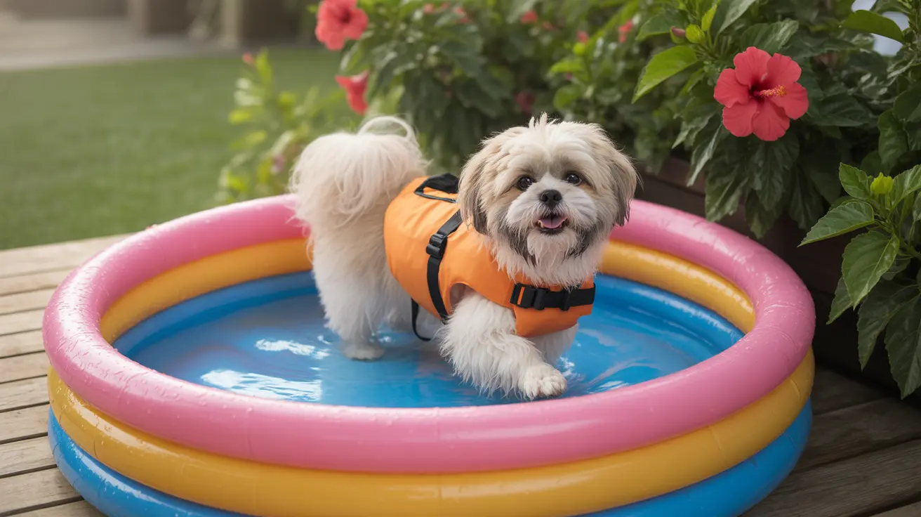 A fluffy white and gray Shih Tzu wearing an orange harness standing in a colorful inflatable kiddie pool