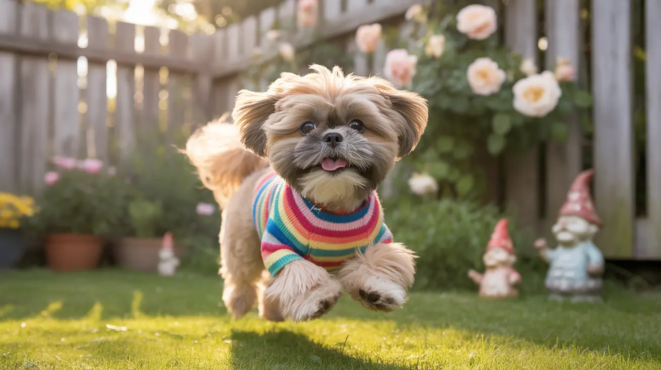 A playful Shih Tzu dog mid-jump in a sunny backyard garden wearing a colorful rainbow-striped sweater