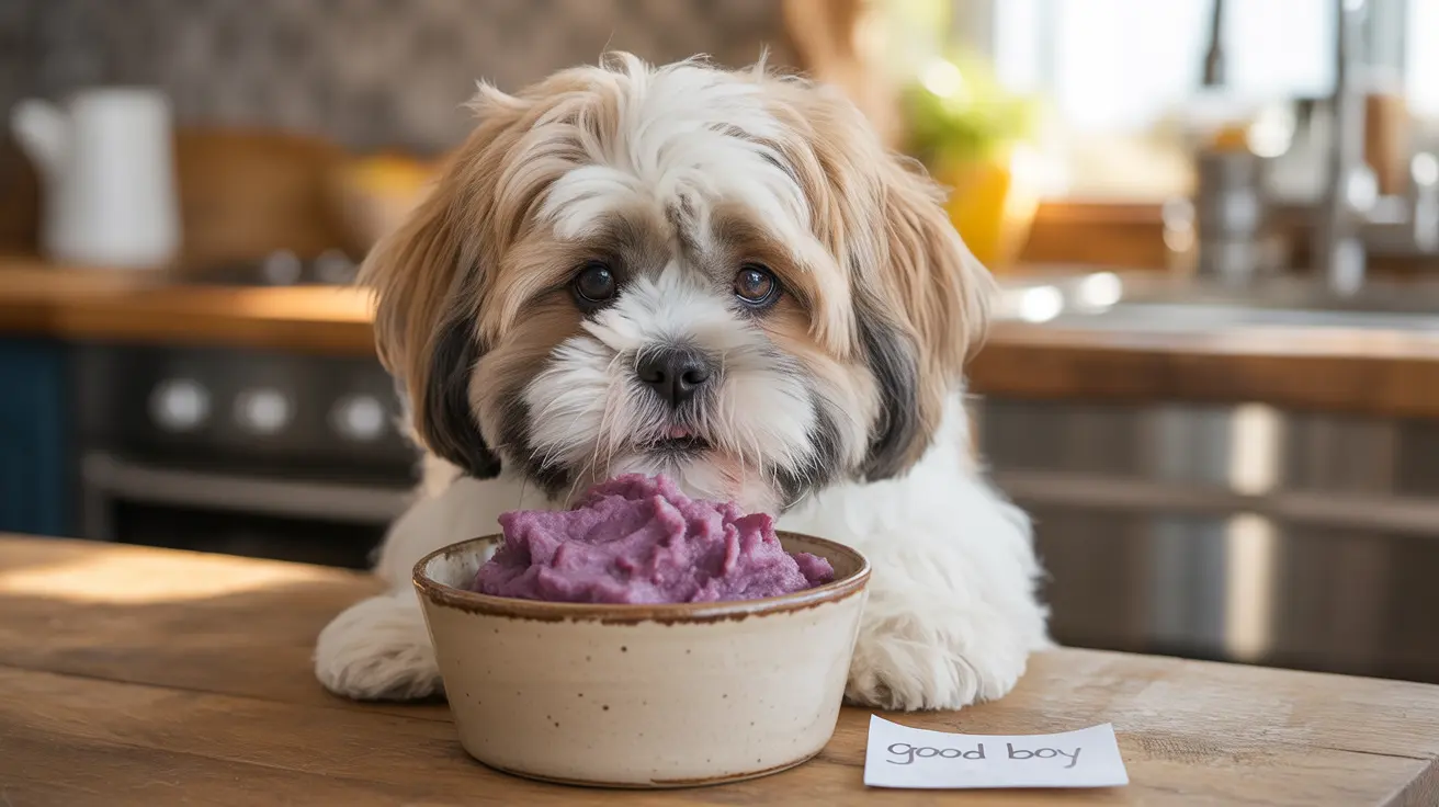 Fluffy Shih Tzu dog sitting in a kitchen next to a bowl of purple-colored mashed food with a 'good boy' note