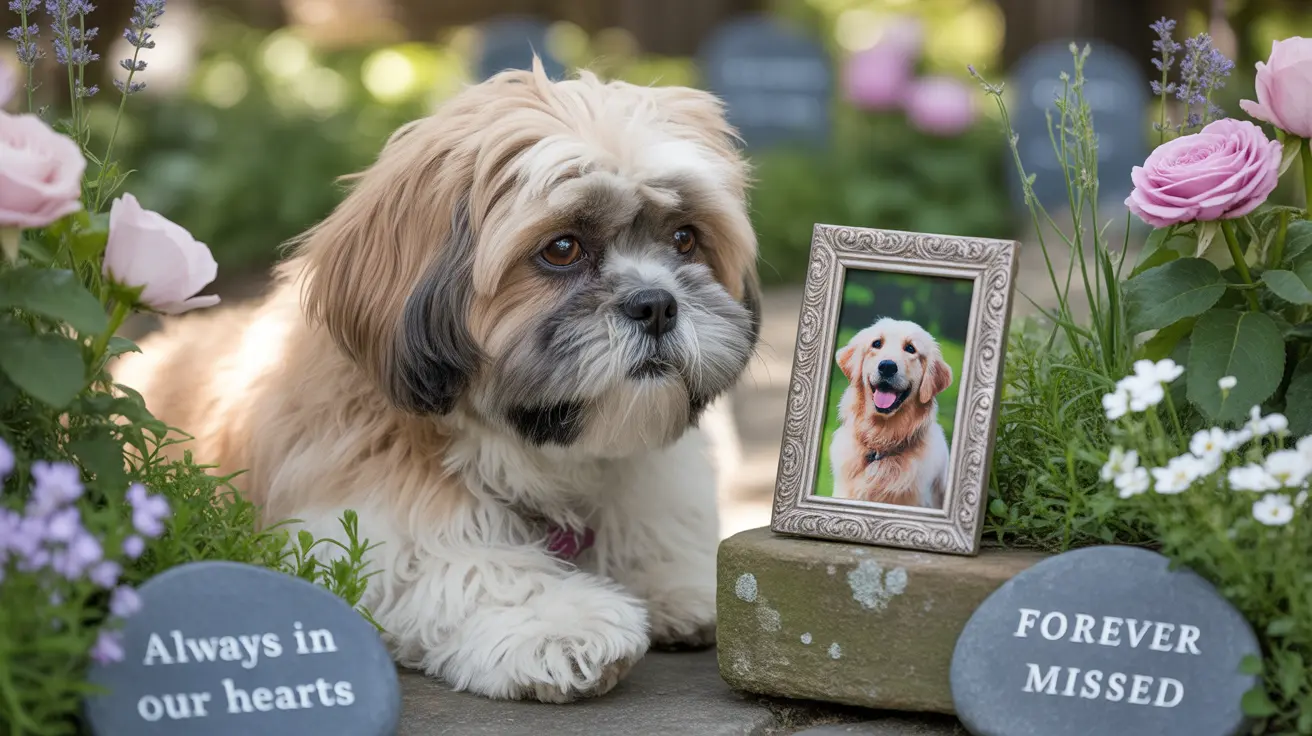 Shih Tzu sitting beside a framed photo of a dog and memorial stones in a poignant pet memorial scene