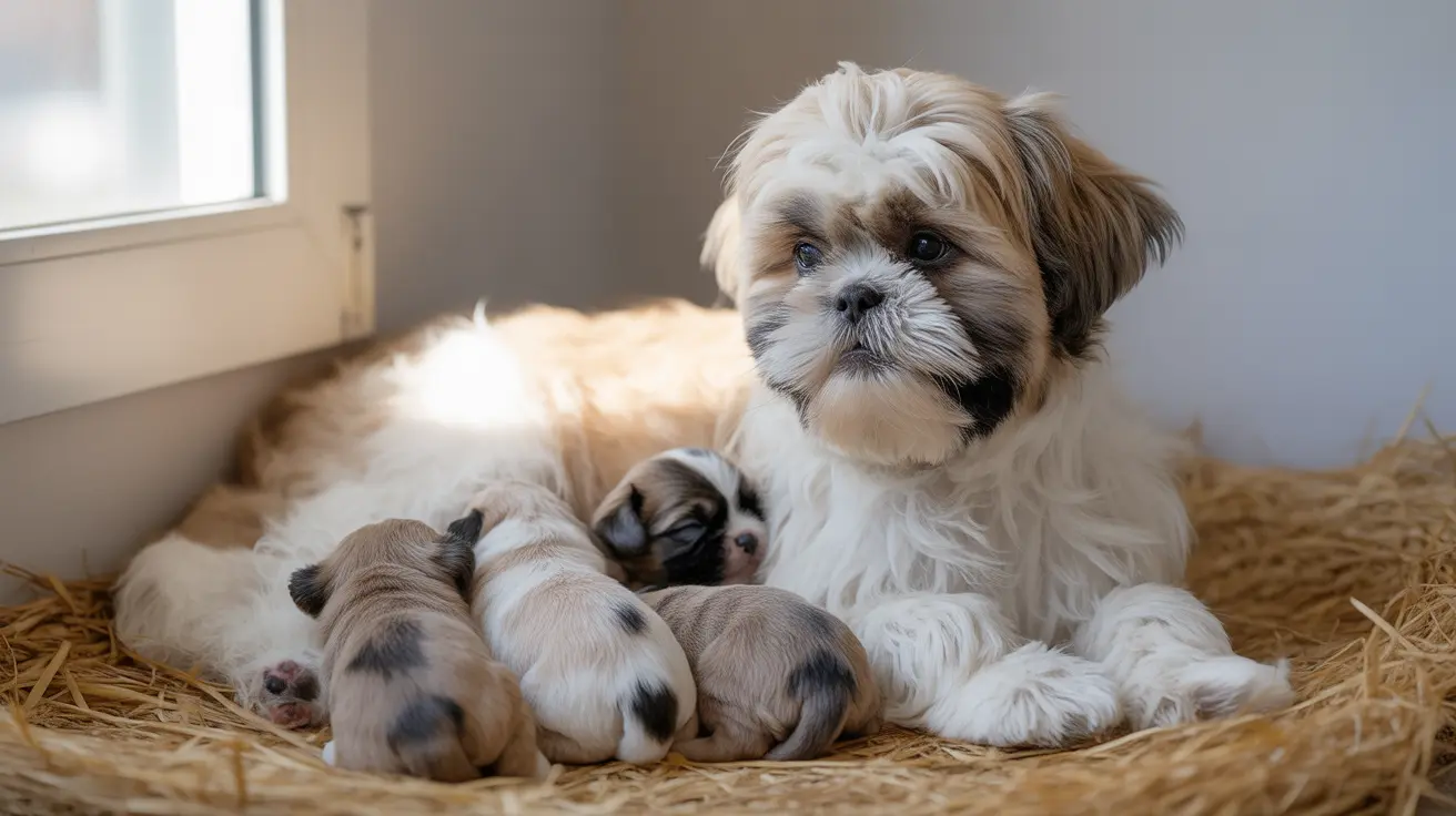 Mother Shih Tzu with newborn puppies on straw bedding by a window