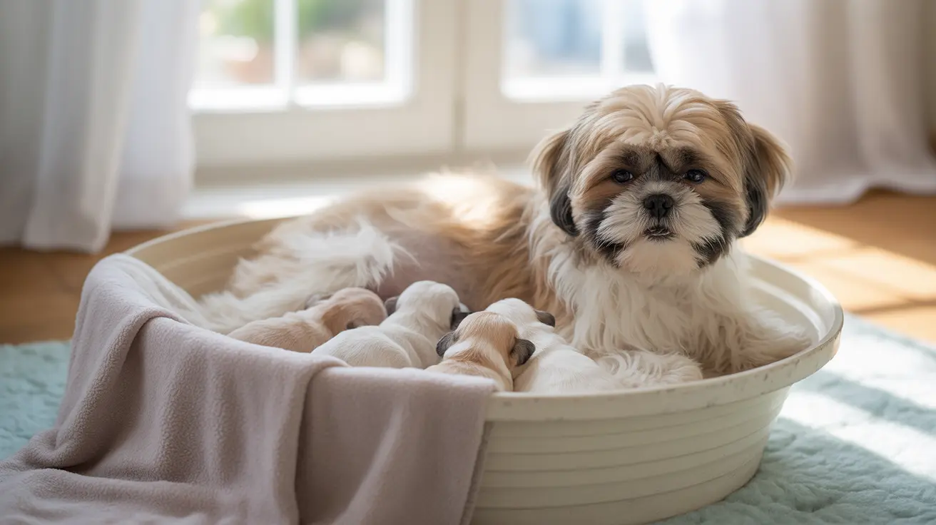 A Shih Tzu mother dog with her newborn puppies in a cozy white basket by a sunlit window