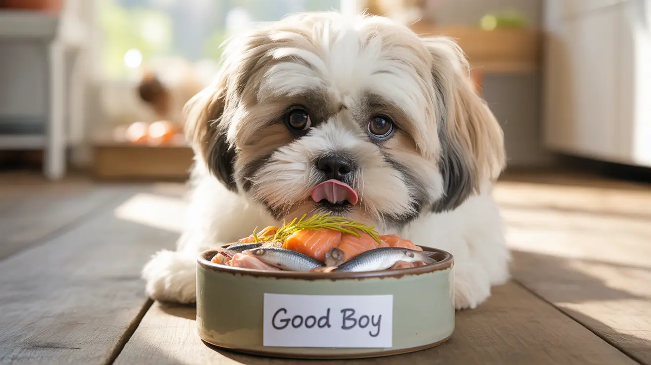 A cute Shih Tzu dog sitting next to a bowl of fresh fish and salmon, with its tongue out