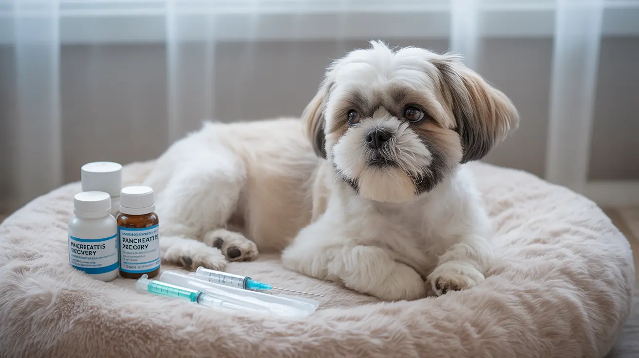 A white and tan Shih Tzu on a beige bed with medical treatment bottles and syringes nearby