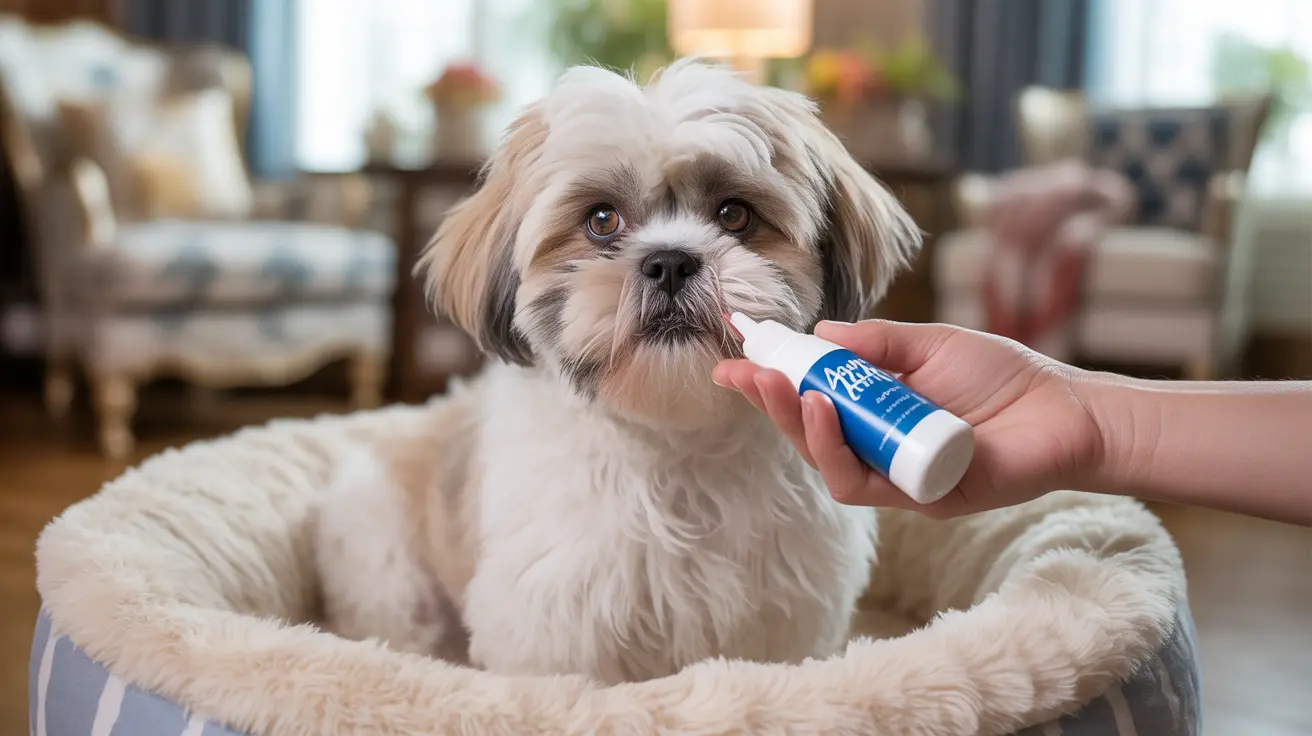 A Shih Tzu dog sitting in a cozy pet bed while topical treatment is applied to its face