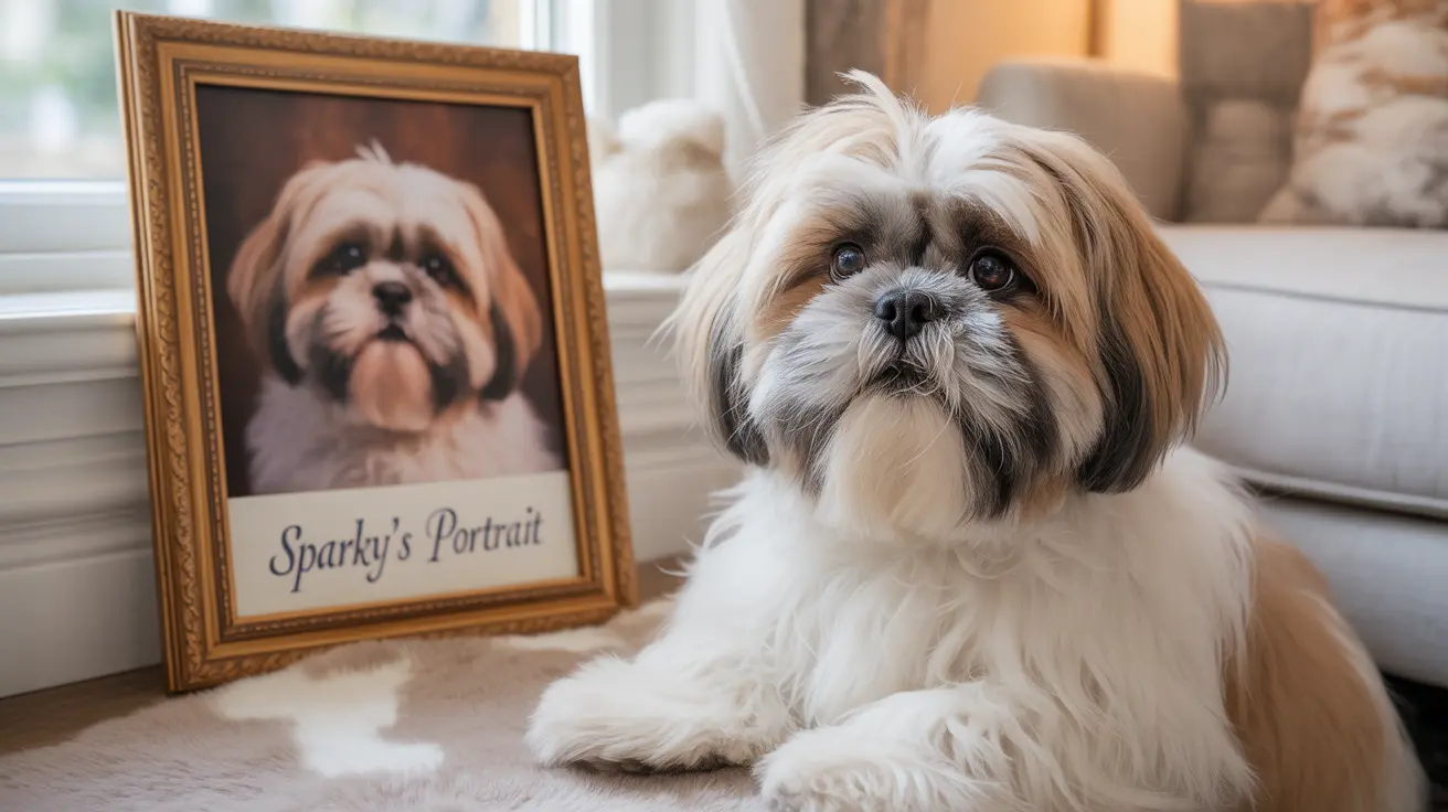 A Shih Tzu dog sitting next to its framed portrait in a cozy living room