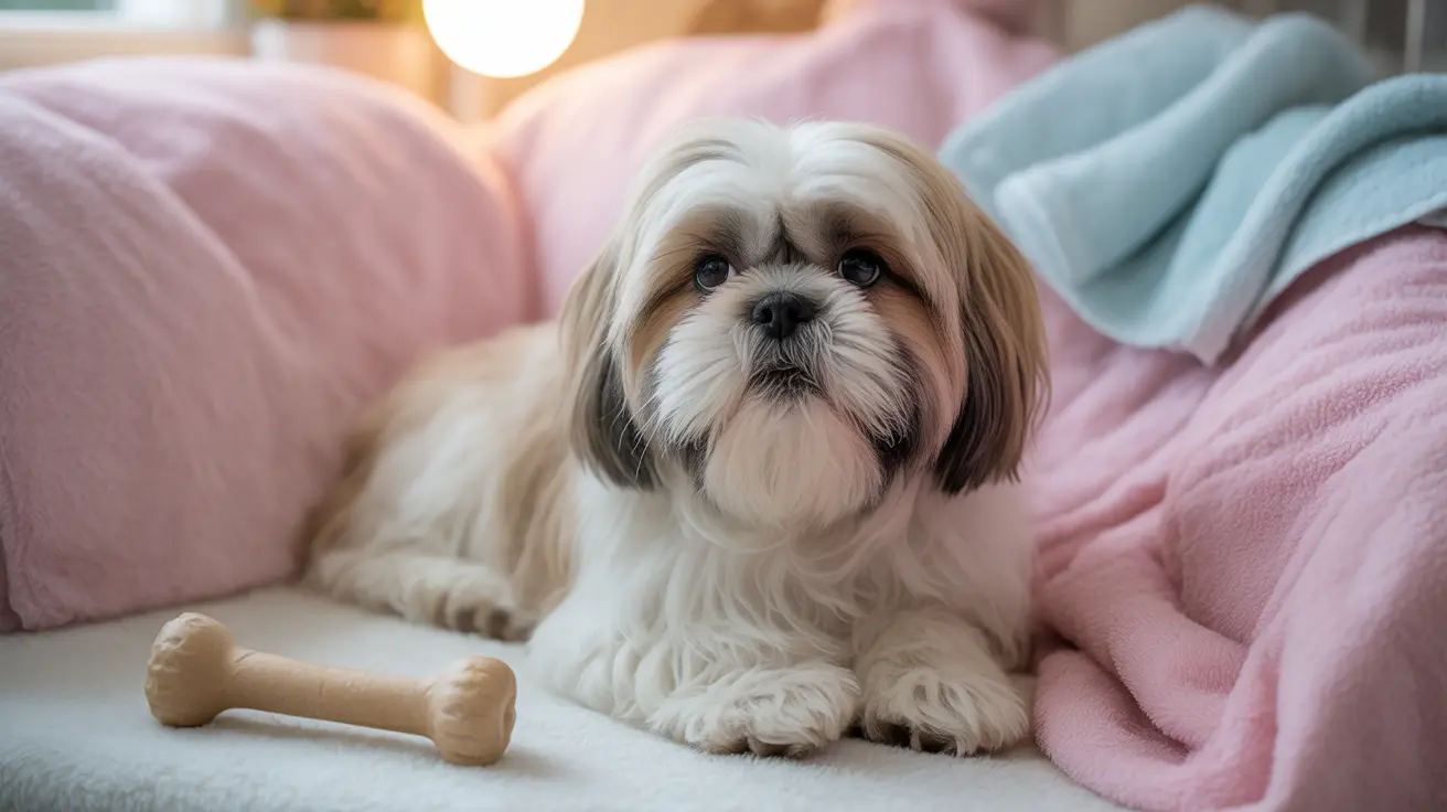A fluffy Shih Tzu sitting calmly on a soft pink and blue blanket with a dog bone nearby