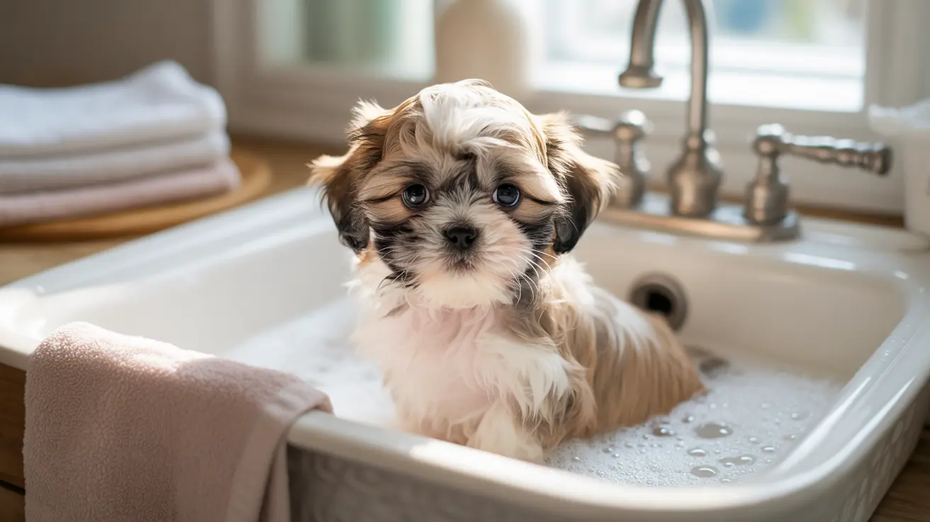 A small, fluffy Shih Tzu puppy sitting in a soapy sink during a bath