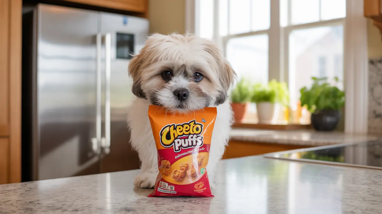 A cute Shih Tzu puppy sitting next to a bag of Cheeto Puffs on a kitchen counter