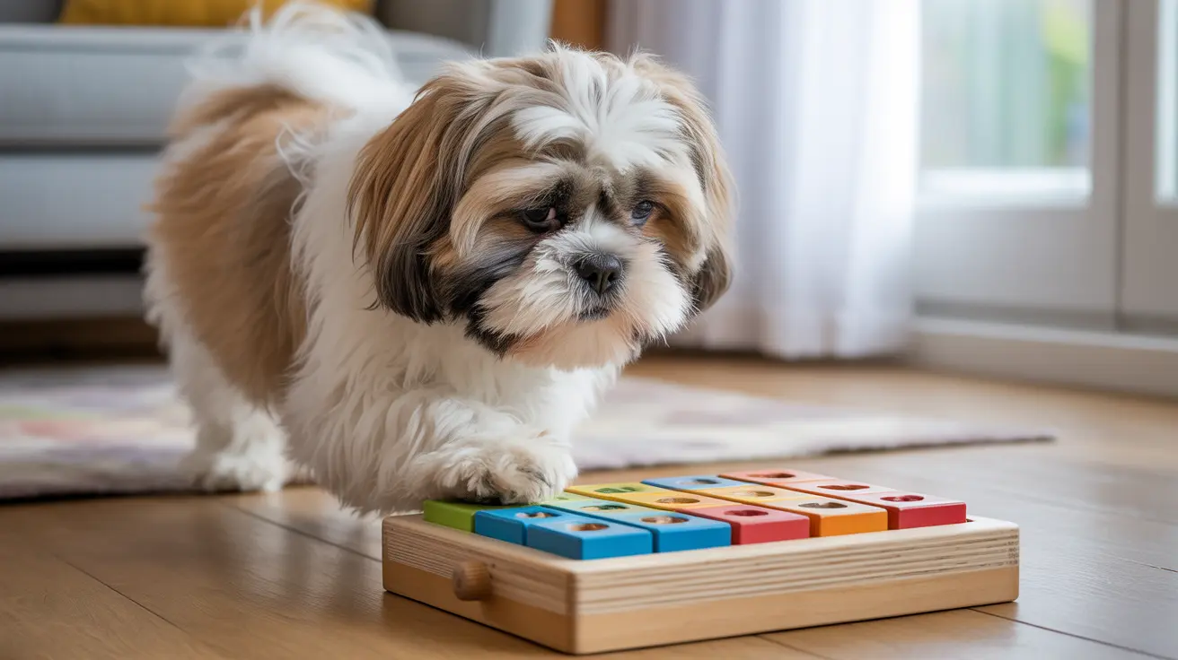 Fluffy Shih Tzu puppy next to a colorful wooden puzzle toy on a hardwood floor
