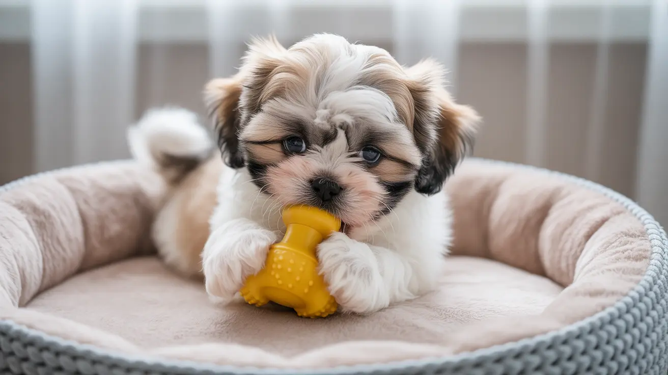 A fluffy Shih Tzu puppy sitting in a soft, cozy pet bed while chewing on a yellow textured toy