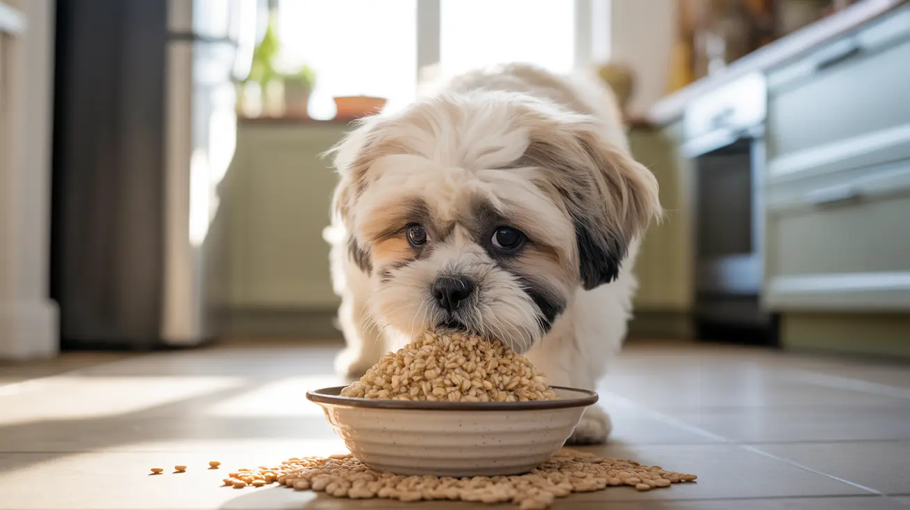 A fluffy Shih Tzu puppy near a bowl of dry dog food in a kitchen