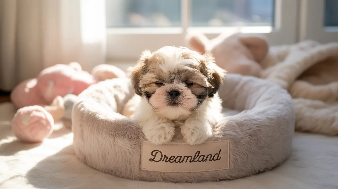 ふわふわのシー・ズーの子犬が明るい窓辺で「ドリームランド」ブランドのペットベッドに座っている様子