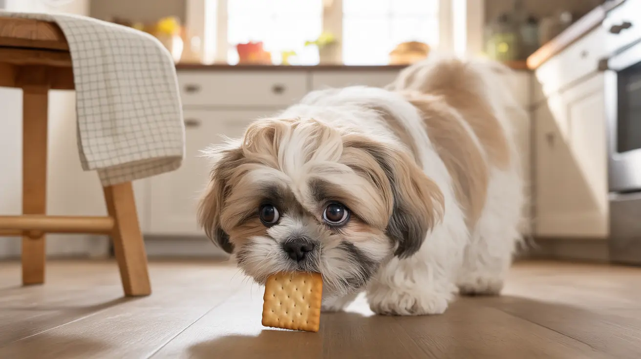 A small Shih Tzu puppy attempting to eat a square cracker on a wooden floor in a kitchen setting