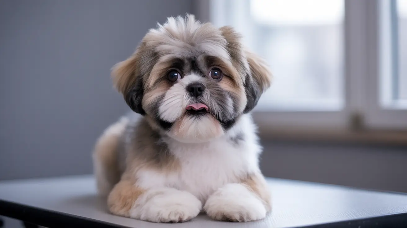 Fluffy Shih Tzu puppy sitting elegantly with a soft, attentive expression