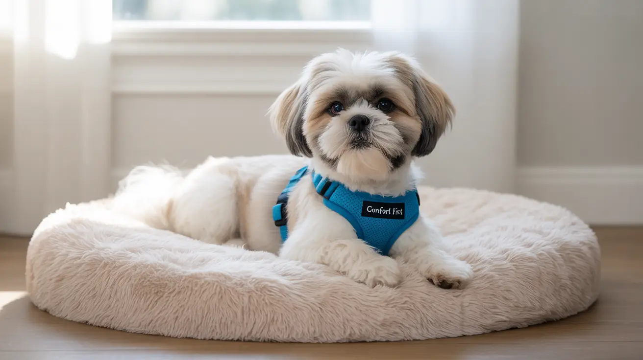Cute Shih Tzu puppy sitting comfortably on a fluffy white dog bed near a window