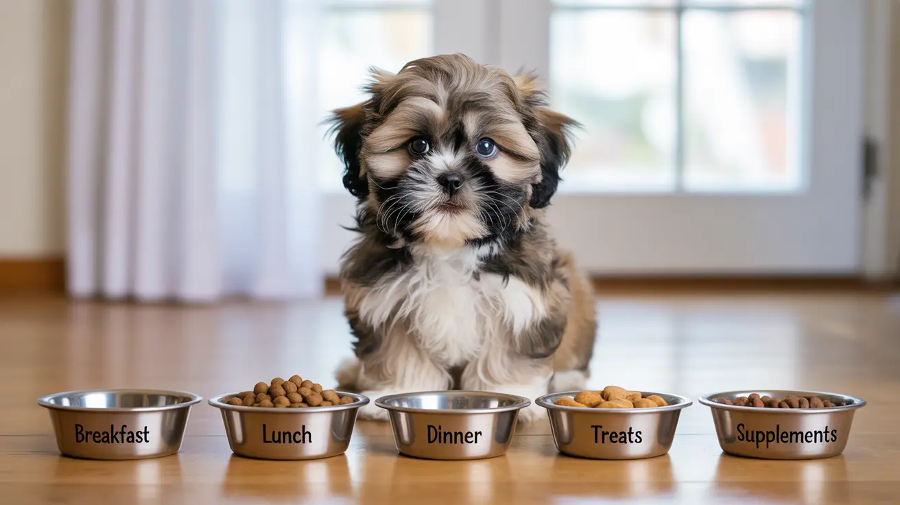 Um filhote de Shih Tzu fofo sentado em frente a cinco tigelas de metal, cada uma rotulada com diferentes tipos de ração e petiscos para cães.