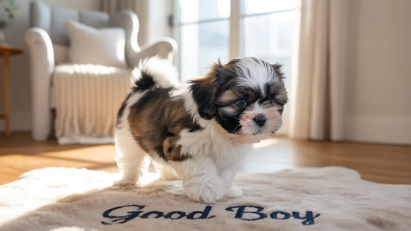 Young Shih Tzu puppy standing on a soft 'Good Boy' rug near a sunny window in a cozy living room