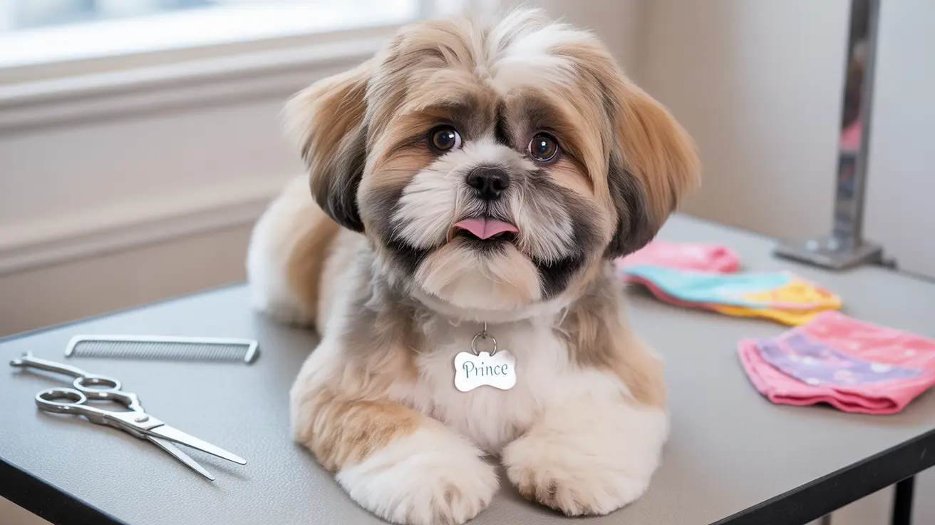 A fluffy Shih Tzu puppy sitting on a grooming table with grooming scissors nearby and a colorful towel in the background